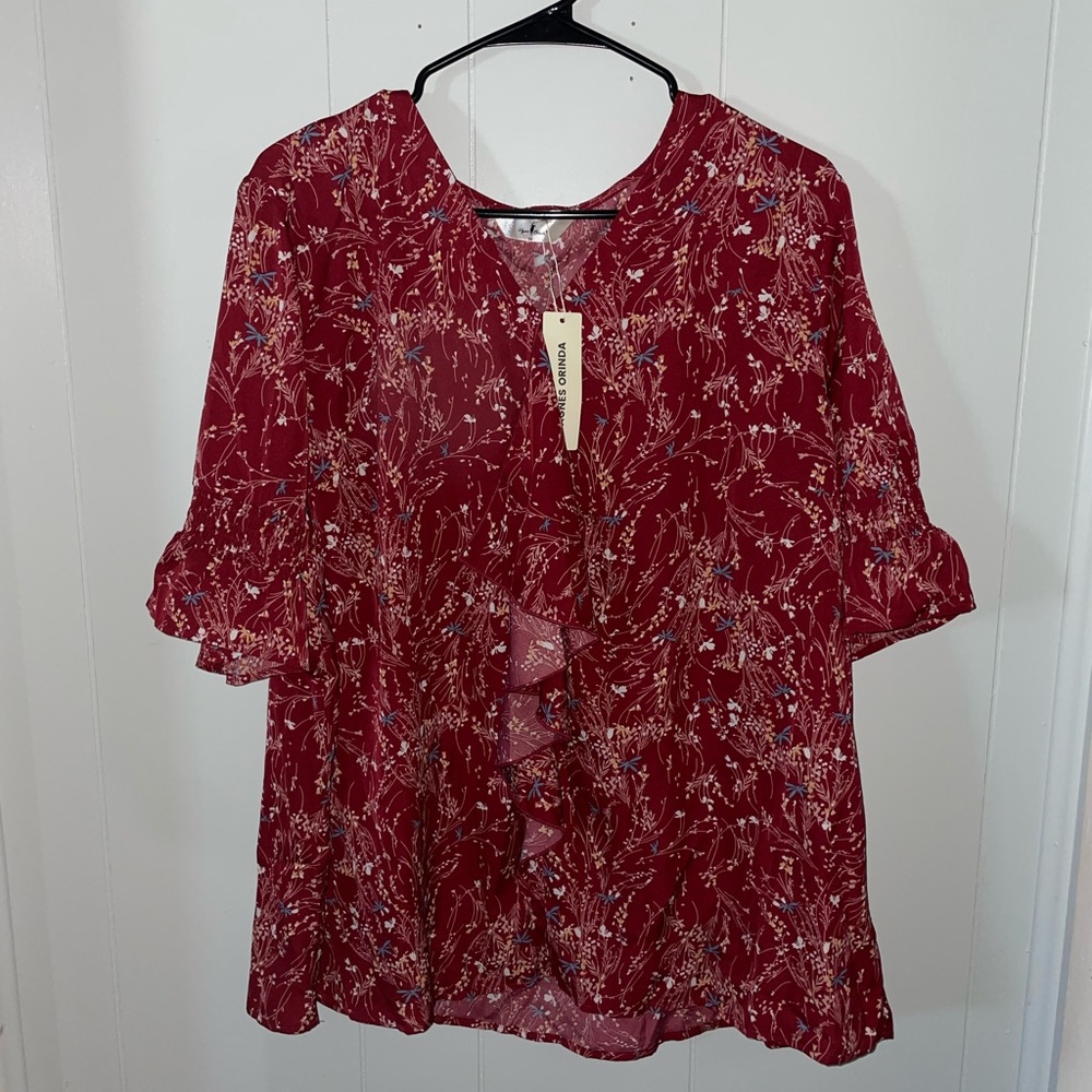 Women's Floral Ruffle V-Neck Blouse - Red